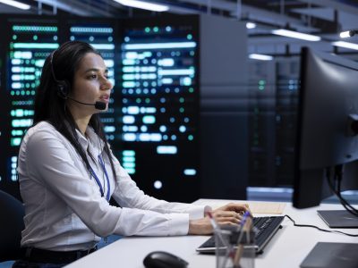 Data center call center operator responsible for providing logistics support to clients. Employee in server farm overseeing infrastructure systems and communicating with engineers