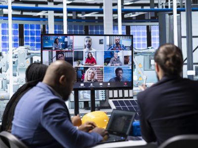 Solar panels plant shareholders discussing how to enhance manufacturing processes during teleconference. Photovoltaics factory manager presents solar panel automation strategy during online videocall